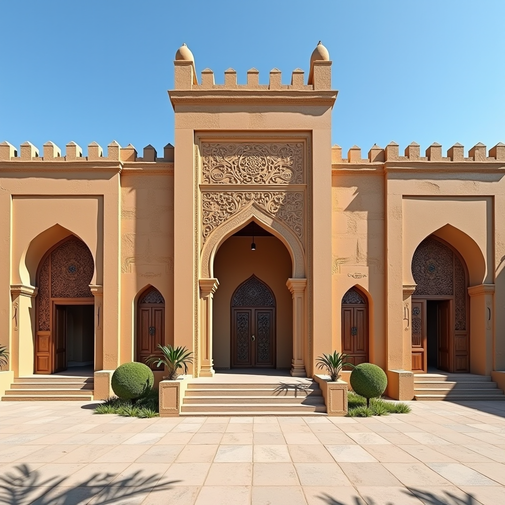Exterior view of Cairo's Textile Museum, a historic building with traditional Islamic architecture featuring ornate wooden mashrabiya screens, arched doorways, and a beautifully preserved facade in warm sandstone colors, set against a clear blue Egyptian sky