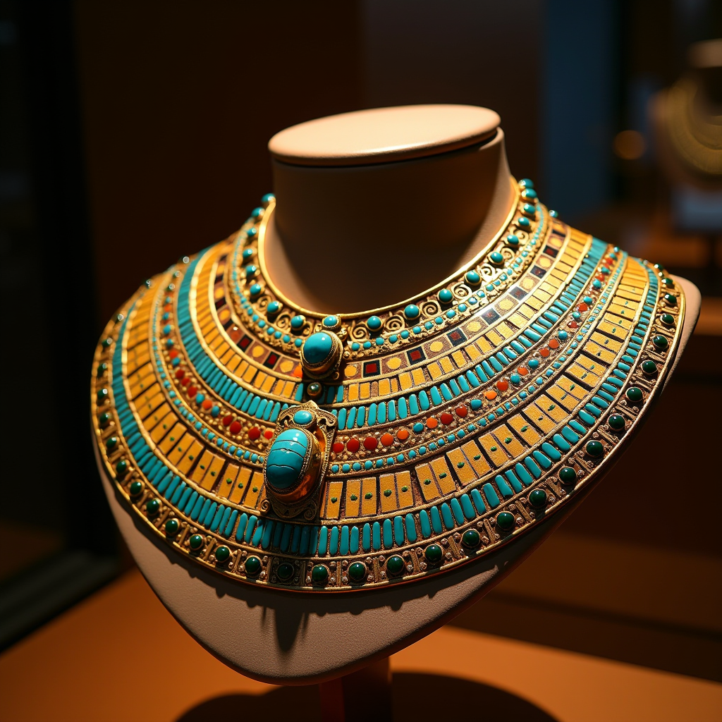 Intricate ancient Egyptian golden collar necklace with turquoise, lapis lazuli, and carnelian inlays displayed in museum lighting, featuring detailed hieroglyphic patterns and scarab beetle motifs, showcasing the masterful craftsmanship of ancient Egyptian goldsmiths
