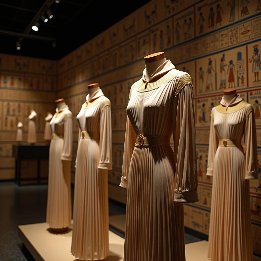 Museum exhibition showcasing ancient Egyptian garments with intricate pleating and golden collar pieces displayed on mannequins under soft lighting, with hieroglyphic wall decorations in the background