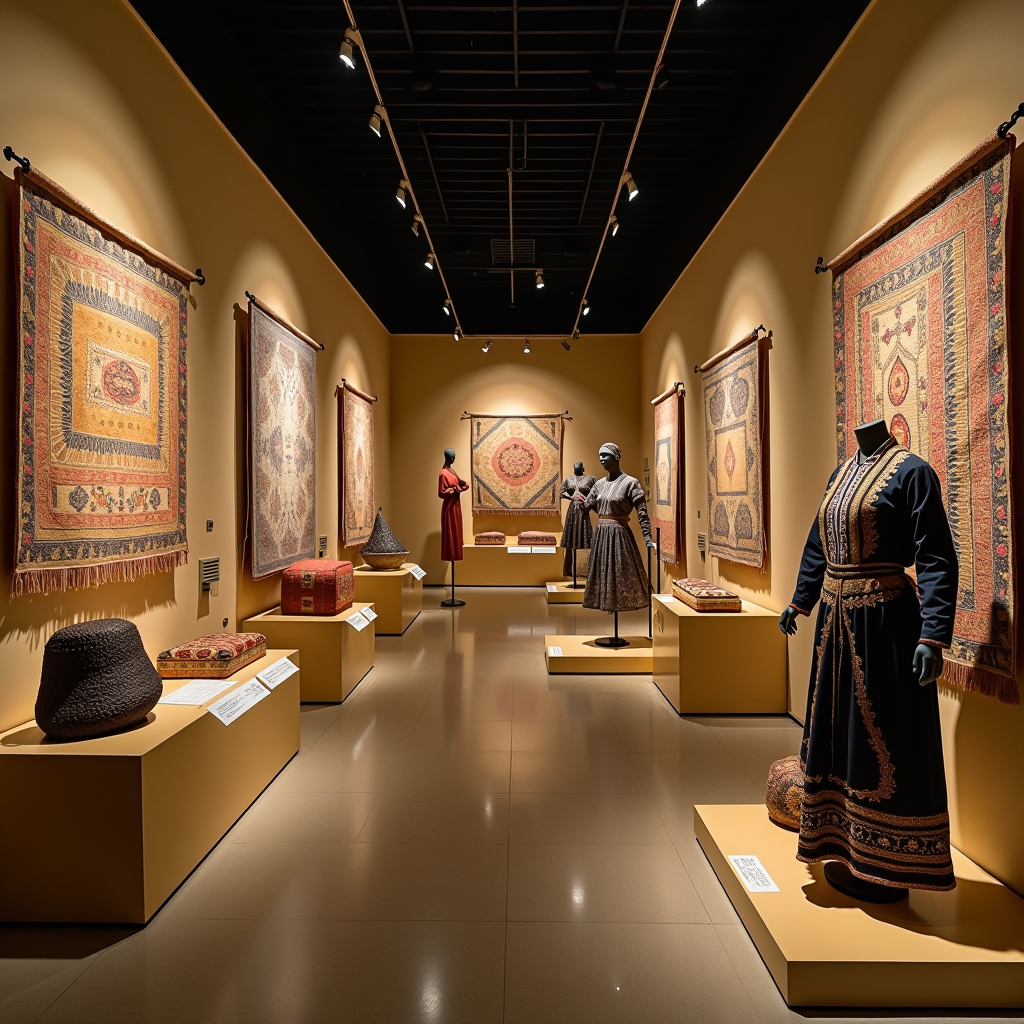 Interior of Cairo Textile Museum showing traditional Egyptian woven fabrics, Coptic textiles with intricate patterns, and Islamic-era garments displayed on mannequins with informational plaques and ambient museum lighting