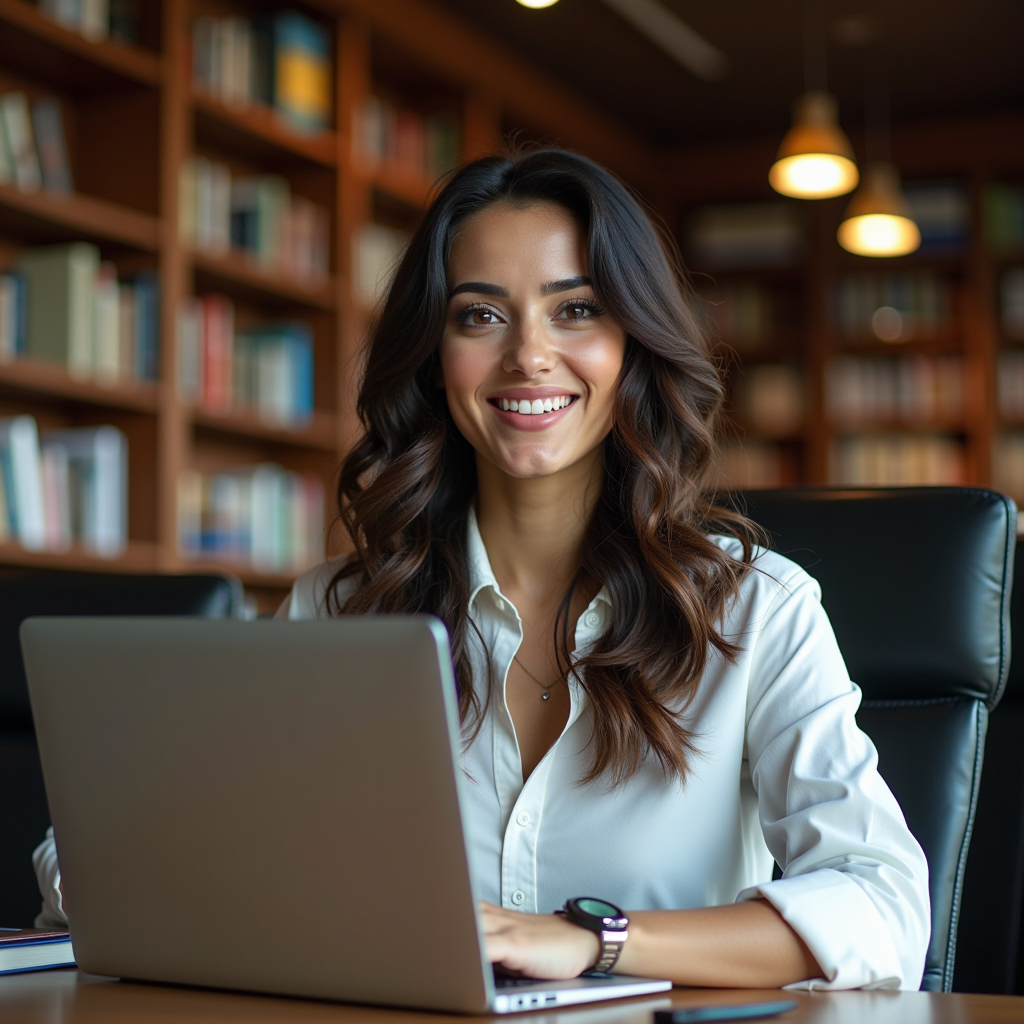 Layla Tawfik - Content Writer and Researcher, Egyptian woman in her 20s, modern casual style, working on laptop, library setting