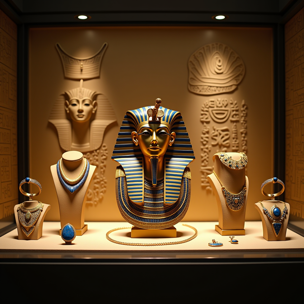 Stunning golden jewelry collection including Tutankhamun's death mask, Queen Nefertiti's ornate necklaces, lapis lazuli scarabs, and precious gemstone bracelets displayed in illuminated museum cases with detailed hieroglyphic backgrounds