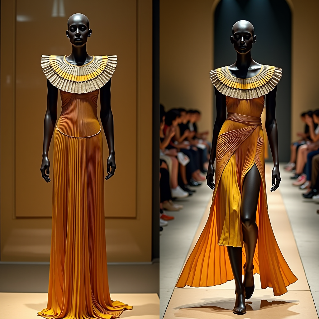 Split image showing ancient Egyptian pleated garments and collar designs in museum display alongside modern fashion runway with contemporary designers' collections inspired by pharaonic elements and color symbolism
