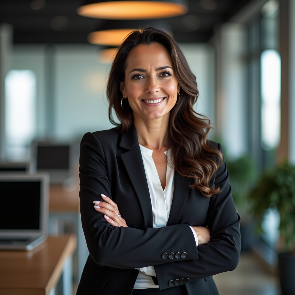 Nadia Farouk - Customer Experience Manager, Egyptian woman in her 40s, professional business attire, welcoming smile, office environment